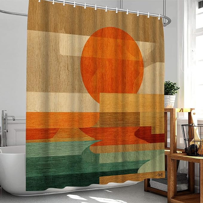 4 Pcs Geometric Wood Sunset Bathroom Set: Shower Curtain, Bath Mat, Toilet Lid Cover & Rug - Abstract Landscape Print with Hooks for Mid-Century Modern Ambiance