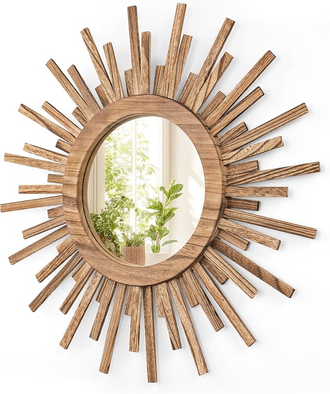 24 Inch Boho Sunburst Mirror, Round Wooden Wall Decor Starburst Sun Mirror for Bedroom, Living Room, Bathroom, Hallway, Balcony, Farmhouse Entryway, Housewarming Gift（Rustic Brown