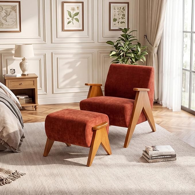 Linen Padded footstools Mid Century Modern Ottoman with Wood Frame, Lounge Upholstered Ottoman, Reading Chair, Sturdy Base, Suitable for Resting Your feet on a Lounge Chair Orange