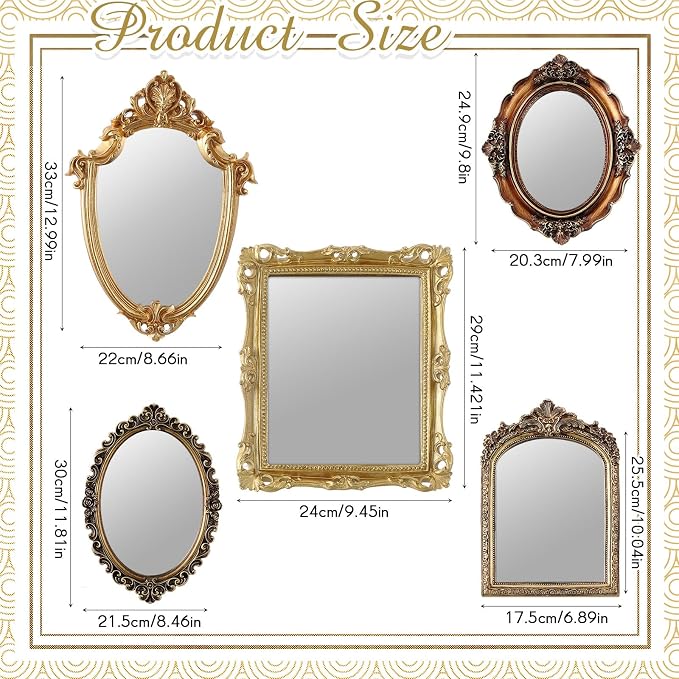 Wonderjune 5 Pcs Vintage Gold Mirror Set for Wall Decorative Resin Frame Ornate Antique Hanging and Tabletop Mirror for Home Dresser Gallery Decor Photography Props Gift (Ornate Style)