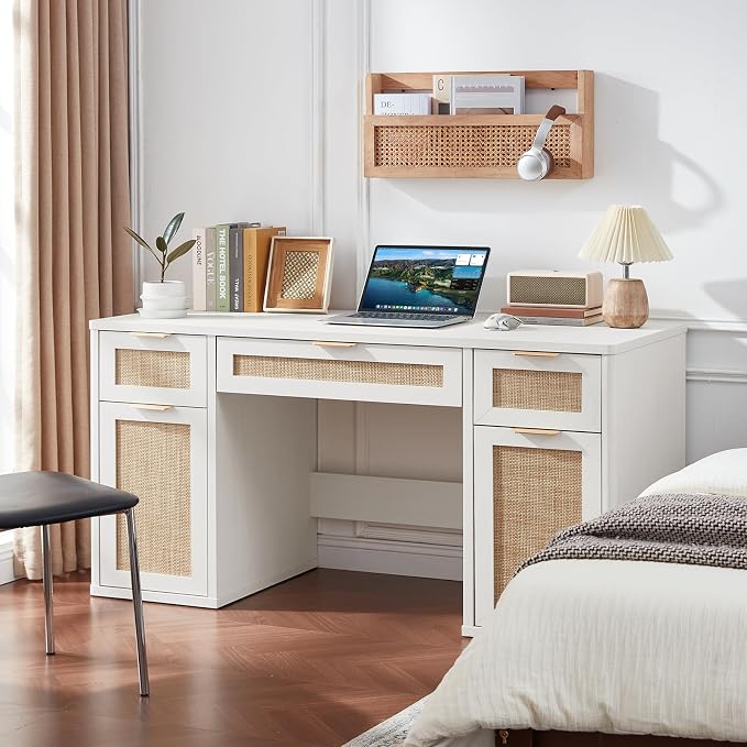 LEYAOYAO Office Desk 56" with 5 Drawers Storage File Cabinet Rattan Wood Desk for Computer Office Bedroom Home Furniture White