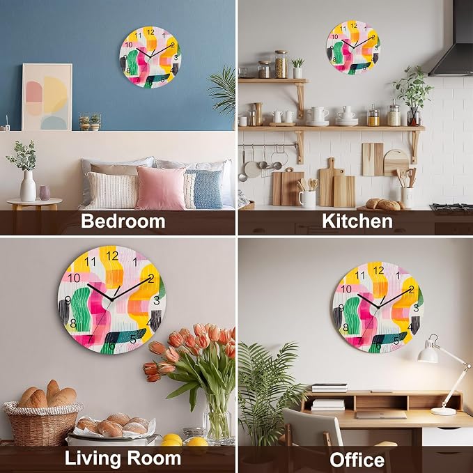 Impressionist Style Wall Clock Battery Operated Non-Ticking 10" Round Wood Clocks, Abstract Colorful Line Color Block Kitchen Wall Clock for School Bathroom Living Room Home Office Wall Decor