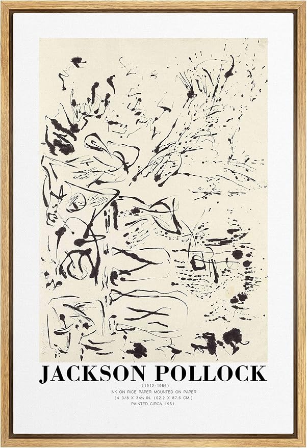SIGNLEADER Framed Canvas Print Wall Art Jackson Pollock Ink Rice Paper Sketch Abstract Shapes Illustrations Fine Art Decorative Minimalist Relax/Calm for Living Room, Bedroom, Office - 24"x36" NATURAL