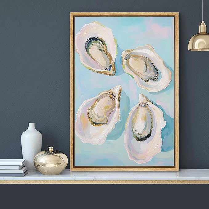 MUDECOR Framed Canvas Print Wall Art Colorful Oyster Shells Coastal Kitchen or Beach House Sea Illustrations Minimalism Decorative Bohemian Geometric Retro for Bedroom - 16"x24" Natural