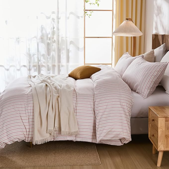 Merryword 100% Cotton Duvet Cover Set King Size - White & Pink Stripes Duvet Cover with Pillowcases, Soft Breathable Bedding Set Modern Minimalist Pinstripe Comforter Cover for All Seasons
