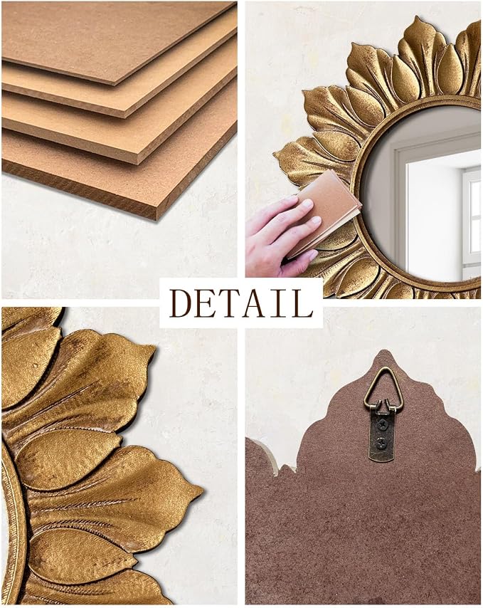 Sunflower Sunburst Wall Mirror, 22" Distressed Gold Wooden Frame, Handcrafted Petal Floral Design, Vintage Farmhouse Style Mirror for Wall Decor for Living Room, Bedroom, Bathroom, Vanity