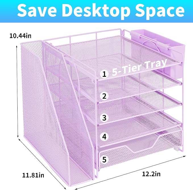 Desk Organizers and Accessories, 5-Tier Paper Letter Tray Organizer with File Holder, Drawer & Pen Holder, Office Desk Accessories, Desktop Organizer for Classroom Office Supplies, Purple