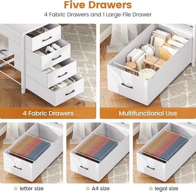 SEDETA White Computer Desk with 5 Drawer & Power Outlet, 75'' Home Office Desk with File Drawer, Storage Shelves, Printer Cabinet and Monitor Shelf, Gaming Desk with Led Lights, 23.6" W Desktop