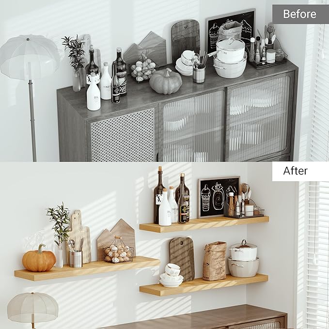 Vivelove Single Floating Shelves Oak 48 Inches, 48 x 10 inch Deep x 1.8 in Thick, Long Wall Shelves Heavy Duty 80 lbs for Bedroom, Living Room, Kitchen, Office, Modern Shelf Book Home Decor
