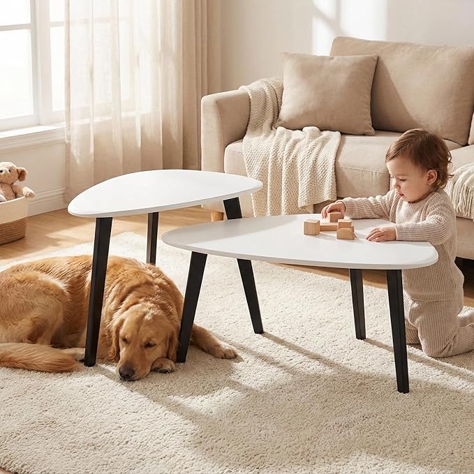 Nesting Coffee Table Set of 2-Mid Century Modern Wooden Coffee Table,Guitar Pick Stacking Tables with Solid Wood Legs,Small Coffee Tables for Small Spaces,Living Room,Apartment (White)
