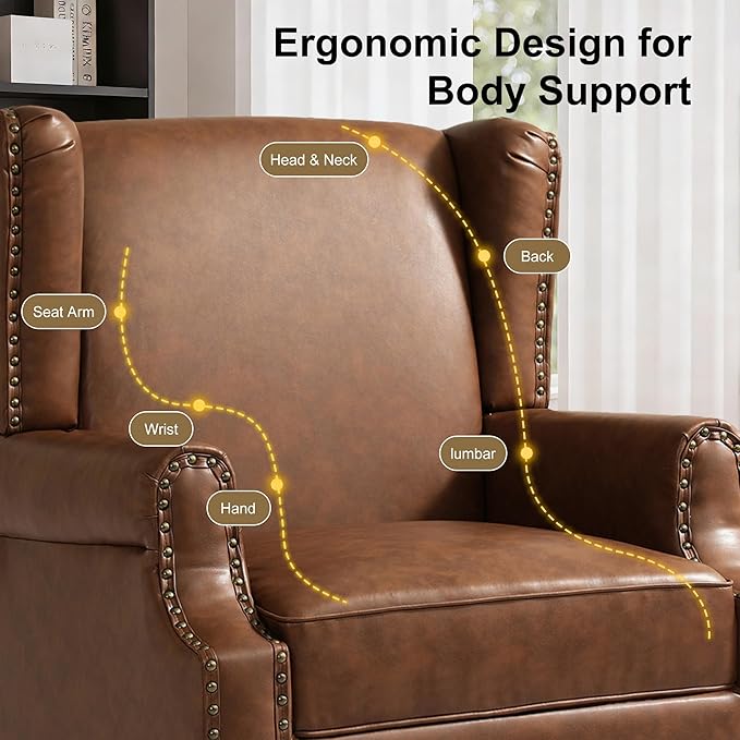 Faux Leather Wingback Chairs Set of 2, High Back Accent Chair, Comfy Upholstered Armchair with Nailhead Trim for Living Room, Single Sofa Reading Chair for Small Spaces, Bedroom-P Brown