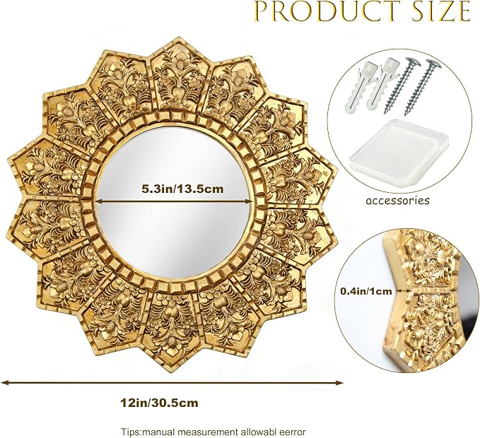 Vintage Gold Round Sunburst Mirror,with Exquisite Relief Elegant Wall Decor,Resin Decorative Mirrors Suitable for Gallery Living Rooms(Gold 12")