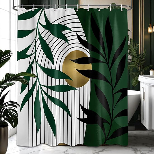 Olive Green and Gold Shower Curtain, Boho Modern Mid Century Shower Curtains for Bathroom Decor, Waterproof Fabric with Hooks, 60" W x 72" L (Pack of 1)