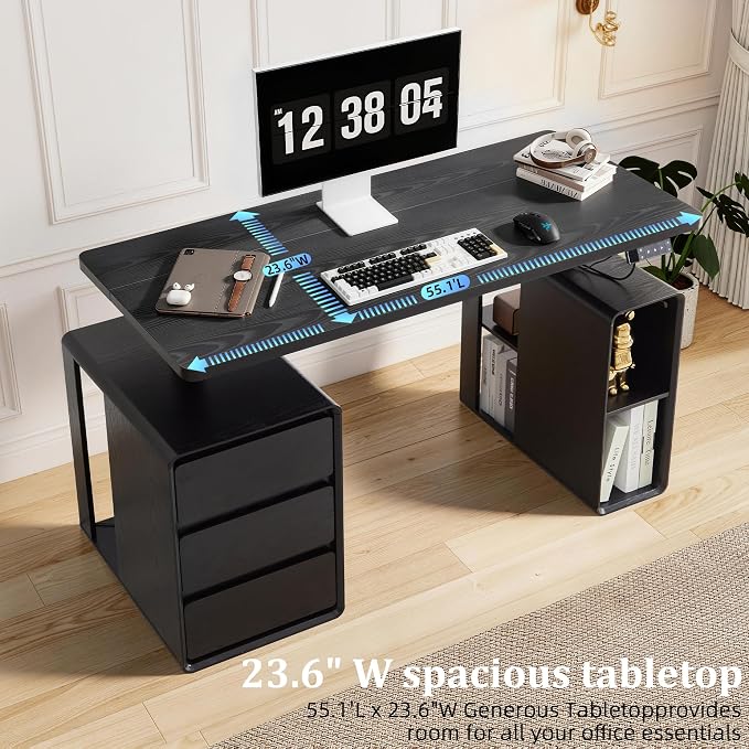 AVZEAR Farmhouse Electric Standing Desk, 55" Height Adjustable Computer Stand up Desk with 3 Drawers and Storage Shelf, Mid Century Modern Home Office Desk Wood Sit Stand Desks for Work, Study, Black