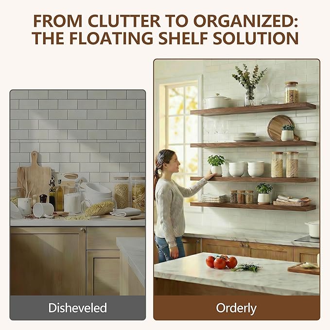 IEO Long Wooden Floating Shelves for Room Wall, Natural Wood Floating Shelves Wall Mounted Kitchen Shelf for Living Room, Bedroom, Kitchen,Bathroom, Storage (Walnut, 60in 4tier)