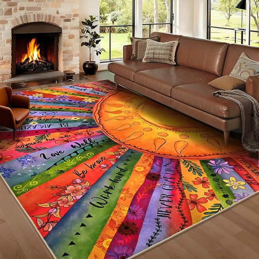 Likiyol Sun Rugs for Living Room 6x9 Area Rug, Non Slip Washable Rugs for Bedroom Soft Faux Wool Inspirational Living Room Rug, Large Carpet Low Pile for Dining Room, Home Office Decor