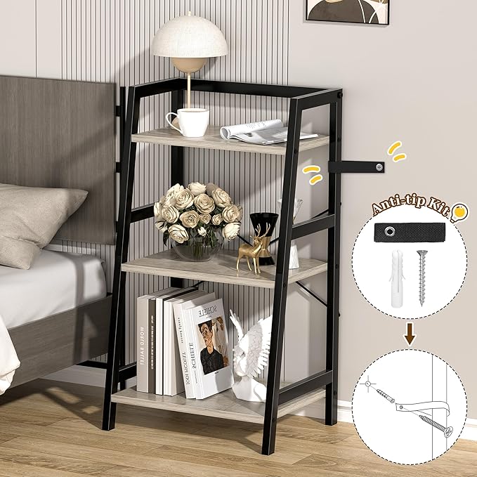 3-Tier Bookshelf, Ladder Shelf, Stand up Shelves, Industrial Bookcase with Steel Frame, Metal Small Bookcase, for Living Room, Home Office, Kitchen, Bedroom, Industrial Style（Greige & Black）