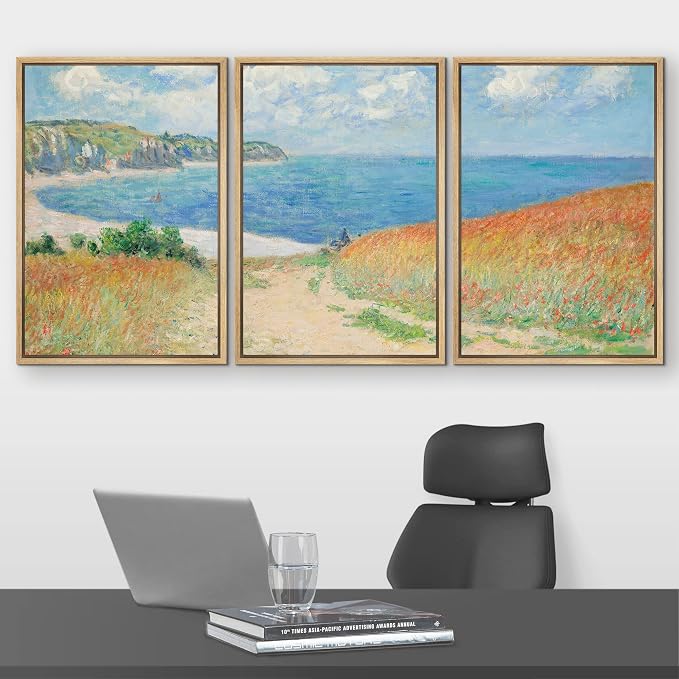 wall26 Framed Canvas Print Wall Art Set Path Through The Corn at Pourville by Claude Monet Cultural Historic Oil Painting Fine Art Reproduction for Living Room, Bedroom, Office - 16"x24"x3 Natural