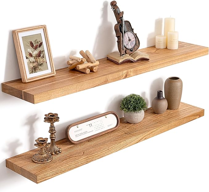 40 Inch Floating Shelves for Wall, 8"D High End Solid Hardwood Shelves for Decor Storage, Rustic Wall Shelves with Invisible Heavy Duty Brackets for Living Room, Kitchen, Bathroom, Natural, 2 Pack
