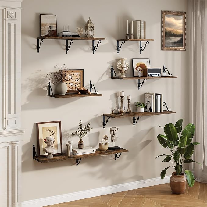 RICHFOCUS 12 Inch Deep Floating Shelves for Wall, 55" W x 12" D Wood Wall Shelves Set of 2, Wide Floating Shelves for Living Room, Bedroom, Kitchen, Bathroom and Decor Storage, Rustic Brown