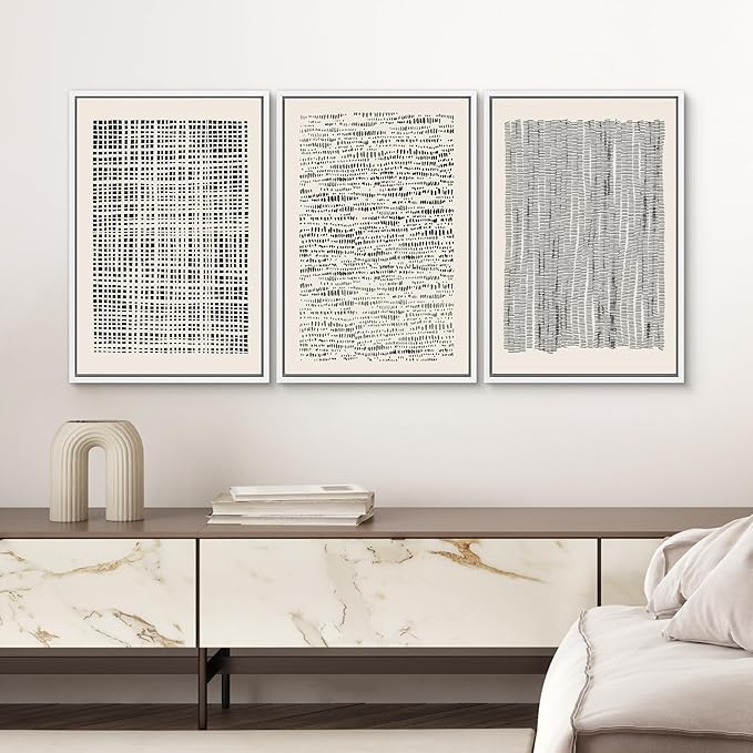 SIGNWIN Framed Canvas Print Wall Art Set Geometric Dark Black Grid Wave Pattern Abstract Shapes Cozy Neutral Modern Art Decorative Contemporary for Living Room, Bedroom, Office - 16"x24"x3 White