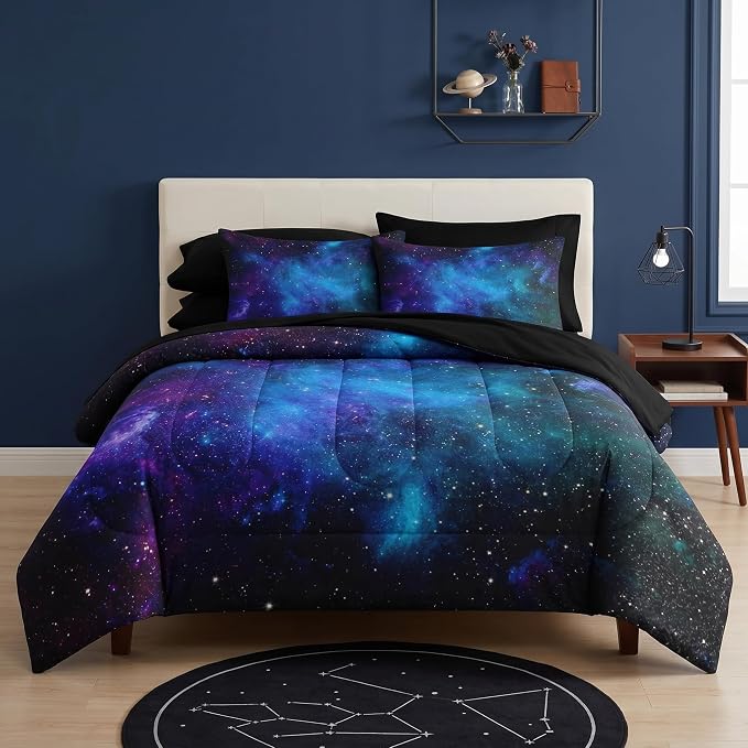 Nesker Comforter Set Twin Size, Galaxy Star Purple Retro 5 Pcs Bedding for Kids and Adults, Science Space Night Sky Bed Sheet Sets with Fitted Sheet Pillowcase & Sham