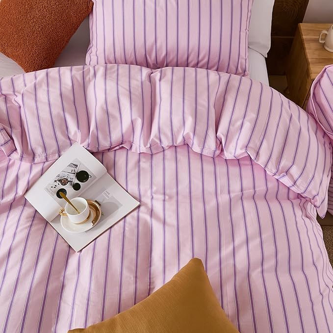 Merryword 100% Cotton Duvet Cover Set King Size - Pink & Purple Striped Bedding Set with Zipper & Corner Ties, 3-Piece Luxury & Silky Soft Bedding Set for All Seasons