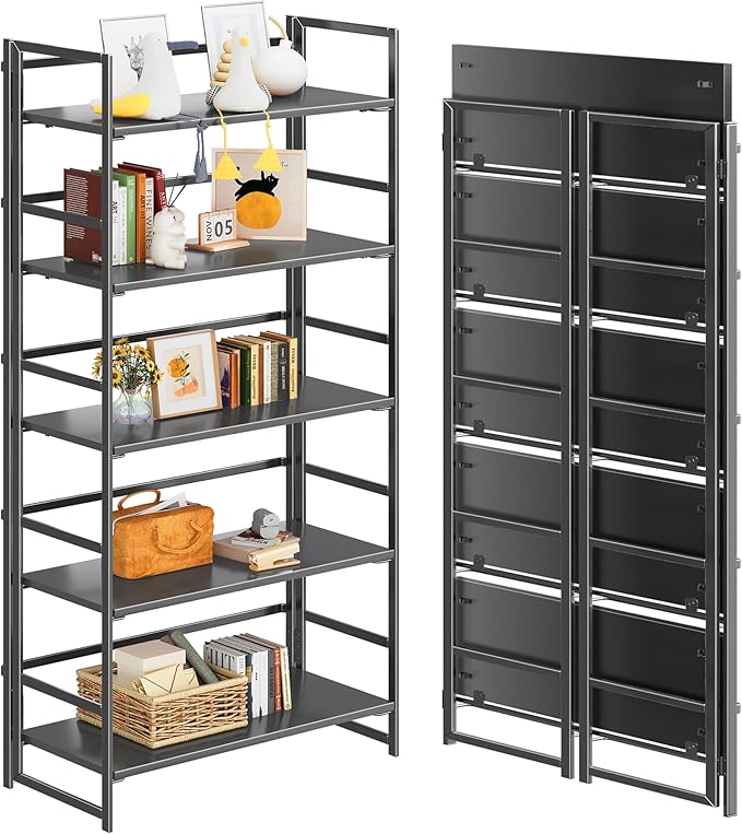 4NM No Assembly 5 Tiers Collapsible Book Shelves, 51.2" H Folding Bookshelf Bookcase Open Industrial Foldable Shelves for Bedroom, Living Room, Home Office - All Black