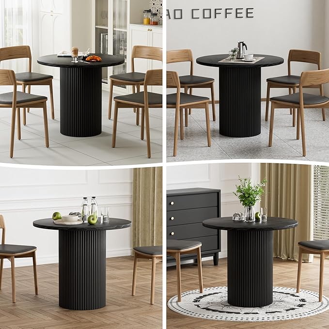 Rophefx Round Dining Table, 35.4" Modern Wood Kitchen Table for 2 to 4, Pedestal Circle Dining Tables, Fluted Dining Table for Leisure, Coffee, Kitchen, Dining Room φ35.4" x 29.9"H (Black Color)