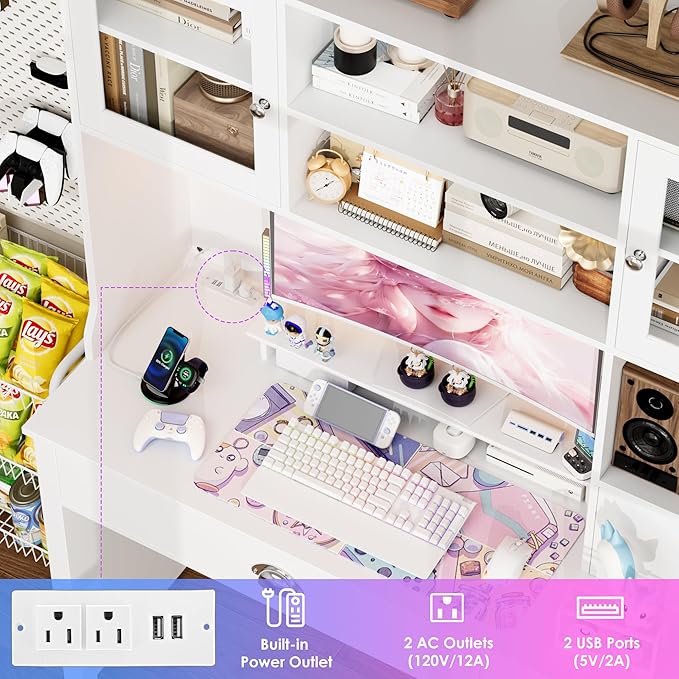 FACBOTALL Computer Desk with Hutch and RGB Lights, 65" Office Desk with Power Outlet, Makeup Vanity with 3 Doors & 3 Drawers, Executive Desks for Home, Work and Study, White