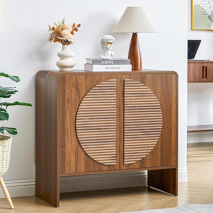 Turtle&Myrtle Fluted Sideboard Buffet Cabinet, Curved Storage Cabinet with 2 Doors and Adjustable Shelves, 31" Wide Mid Century Modern Accent Cabinets, Wood Credenza for Living Room, Kitchen, Brown