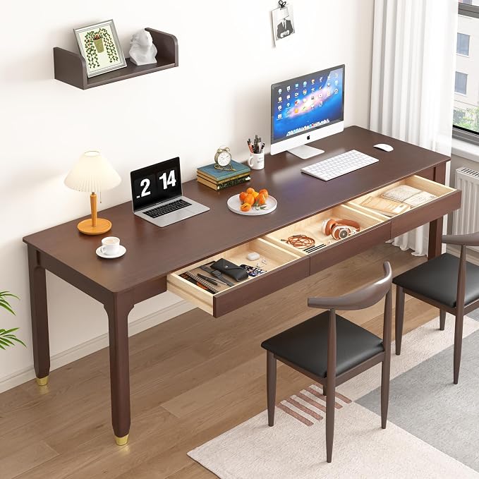 63 Inch Long Solid Wood Desk with Drawers - Mid Century Modern Office Desks, Executive Computer Desk for Two People, 2 Person Desk|Gaming Writing Study Table for 2 Monitors-Dark Walnut