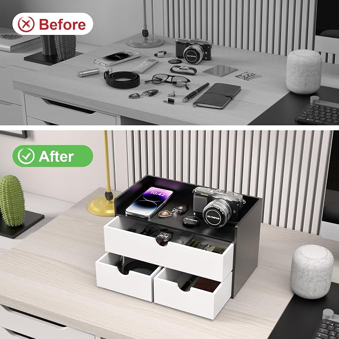 Wisuce Desk Organizer with Drawers - Bamboo Desktop Organizer Storage | Black-White Wood Desk Makeup Dresser Top Organizer for Cosmetics No Assembly Required