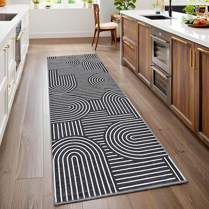 Modern Rug 2.5x8 Runners for Hallways, Abstract Kitchen Runner Rugs Non Slip Bath Runners, Rainbow Washable Runner Rug for Bedroom, Soft Long Rugs for Entryway Bathroom Laundry Dorm, Black