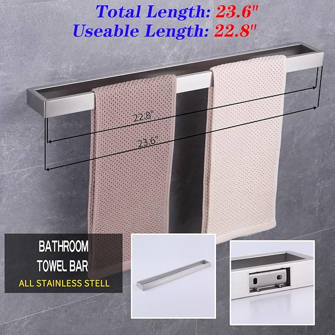 GERZWY Contemporary Stainless Steel Wall Mounted 4-Piece Bathroom Hardware Set - Towel Bar Towel Rings Toilet Paper Holder Towel Hooks, Brushed Finish HG1708-4LS