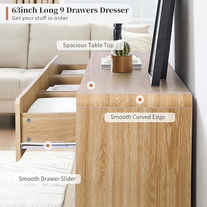 MERRYBERRY Fluted Dresser for Bedroom with 9 Drawers,63" Wide Modern Chest of Drawers with Curved Profile & Deep Drawer,Large Wood TV Dresser for Bedroom Living Room