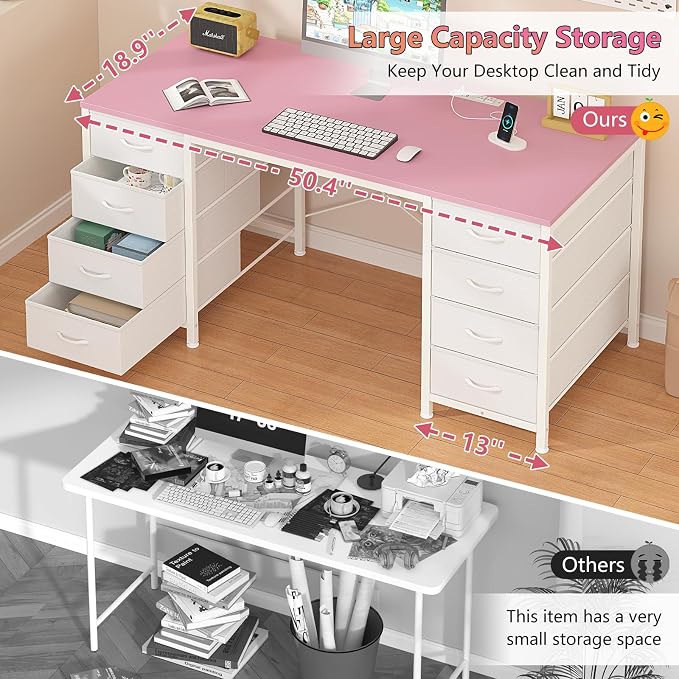 YOMILUVE 50 Inch Computer Desk with 8 Drawers, Home Office Desk with Power Outlets, Work Study Gaming Desk with 8 Fabric Drawers, Pink