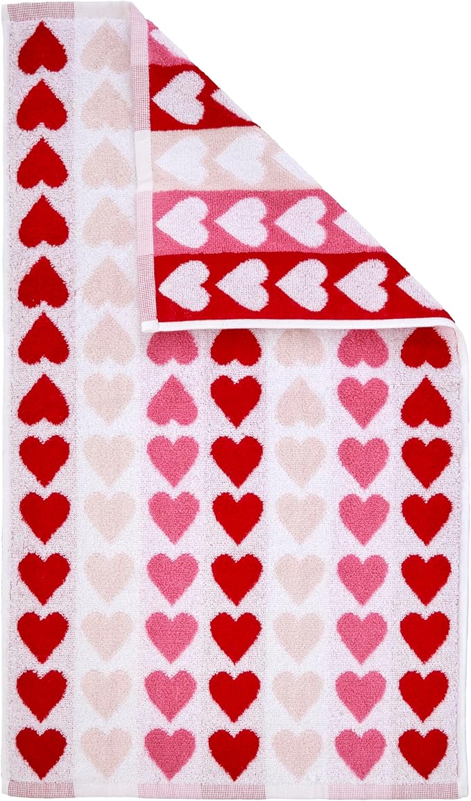 SKL Home Valentine's Tonal Hearts Jacquard 100% Cotton Reversible 2pc Hand Towel Set, Decorative for Bath/Kitchen/Bar & Gift, Pink
