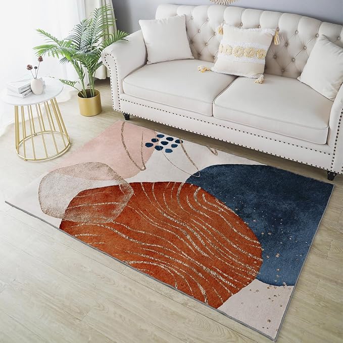 Ansouyi Orange Blue and Gold Non-Slip 5x7 ft Area Rugs, Washable Rug Carpet for Living Room, Terracotta Abstract Modern Art Home Decor Rugs for Game Room Classroom Bedroom Dining Kindergarten Room