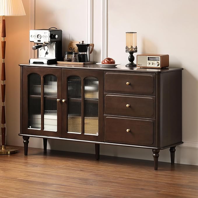 YESWOOD Mid-Century Modern Sideboard Buffet Cabinet with Storage, 49.2'' Vintage Storage Cabinet with Arch Fluted Glass Door & 3 Drawers for Dining Room, Living Room, Entryway, Walnut