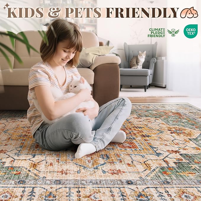 Area Rug 5x7 Vintage Rug: Washable Indoor Medallion Rugs Low Pile Distressed Floor Carpet Retro Accent Rug for Living Room Bedroom Kitchen Dining Table Home Office(Green/Yellow, 5'x7')