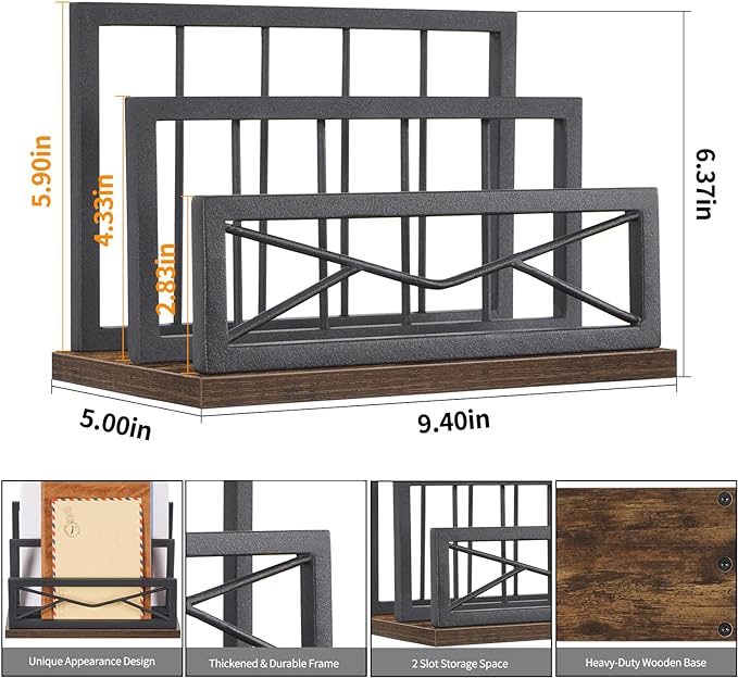 Snughome Desktop Mail Organizer, Desk Mail Organizer with 2-Slot Matte Black Metal Desktop Mail Sorter, Metal Storage File Holder Letter Sorter Organizer for Home or Office, Rustic Brown