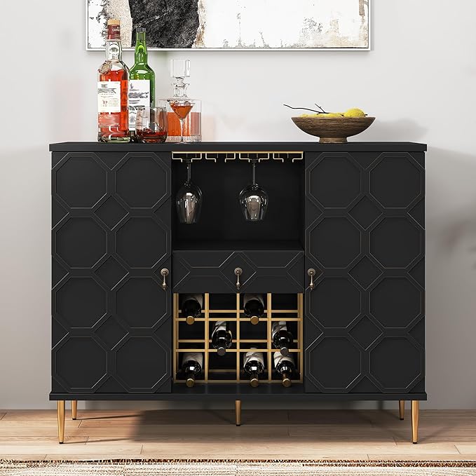 Modern Bar Cabinet with Drawer, Liquor Cabinet with Wine Glass Racks and Shelves, Geometric Door Buffet Sideboard for Dining Room, Living Room, Kitchen, Black