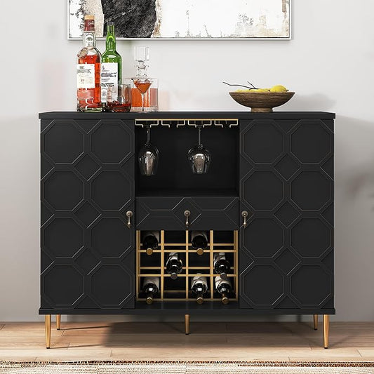 Modern Bar Cabinet with Drawer, Liquor Cabinet with Wine Glass Racks and Shelves, Geometric Door Buffet Sideboard for Dining Room, Living Room, Kitchen, Black