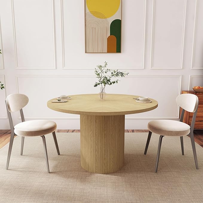 QHITTY Fluted Round Dining Table, 47-inch Wood Kitchen Table Table for 4, Farmhouse Circle Table with Strip Base for Kitchen, Living Room, Natural