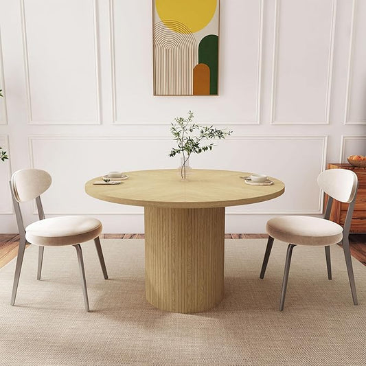 QHITTY Fluted Round Dining Table, 47-inch Wood Kitchen Table Table for 4, Farmhouse Circle Table with Strip Base for Kitchen, Living Room, Natural