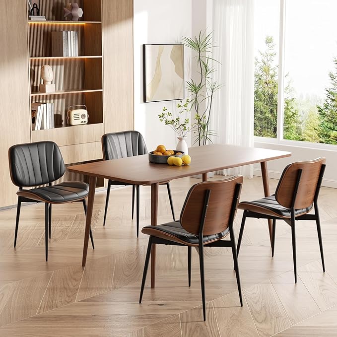 Dining Chairs Set of 4, Mid Century Modern Dining Room Chair, Upholstered Faux Leather Kitchen Chairs with Walnut Bentwood Back and Metal Legs for Kitchen Dining Room Living Room, Black