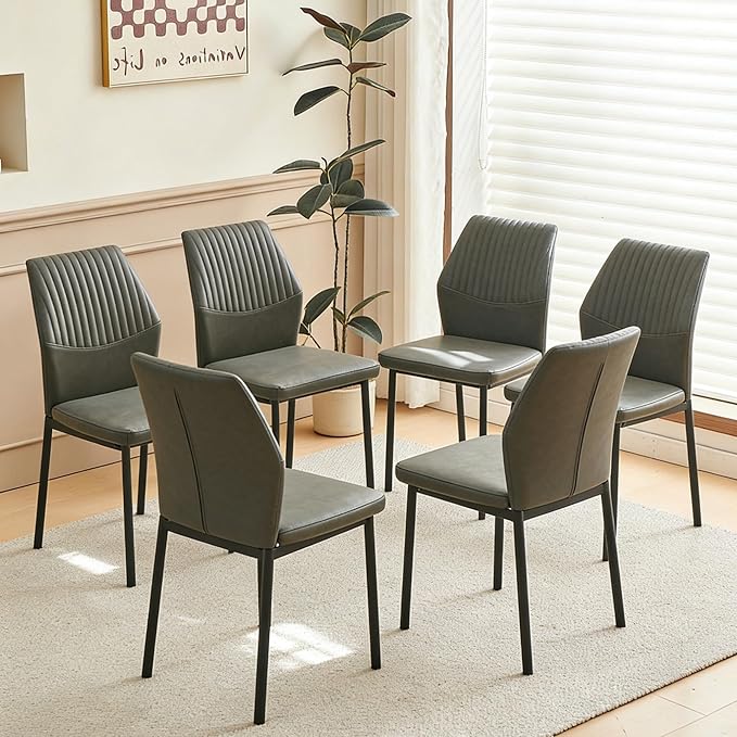 Dining Chairs Set of 6, Dark Grey PU Leather Dining Chairs, Comfortable Upholstered Armless Kitchen Chairs with Black Metal Legs for Living Room, Dining Room, Kitchen