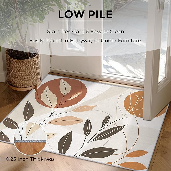 4x6 Abstract Leaves Rugs for Bedroom Decor, Washable Mid Century Modern Pattern Area Rug, Living Room Home Decoration, Non Slip Soft Thin, Modern Botanical Decor Carpet PF-P 117