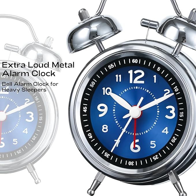 AKCISOT Loud Alarm Clock for Heavy Deep Sleepers,3 Inches Analog Metal Twin Bell Clocks Battery Operated with Backlight for Bedroom Bseide, Old Fashioned for Desk Home Decoration (Blue)